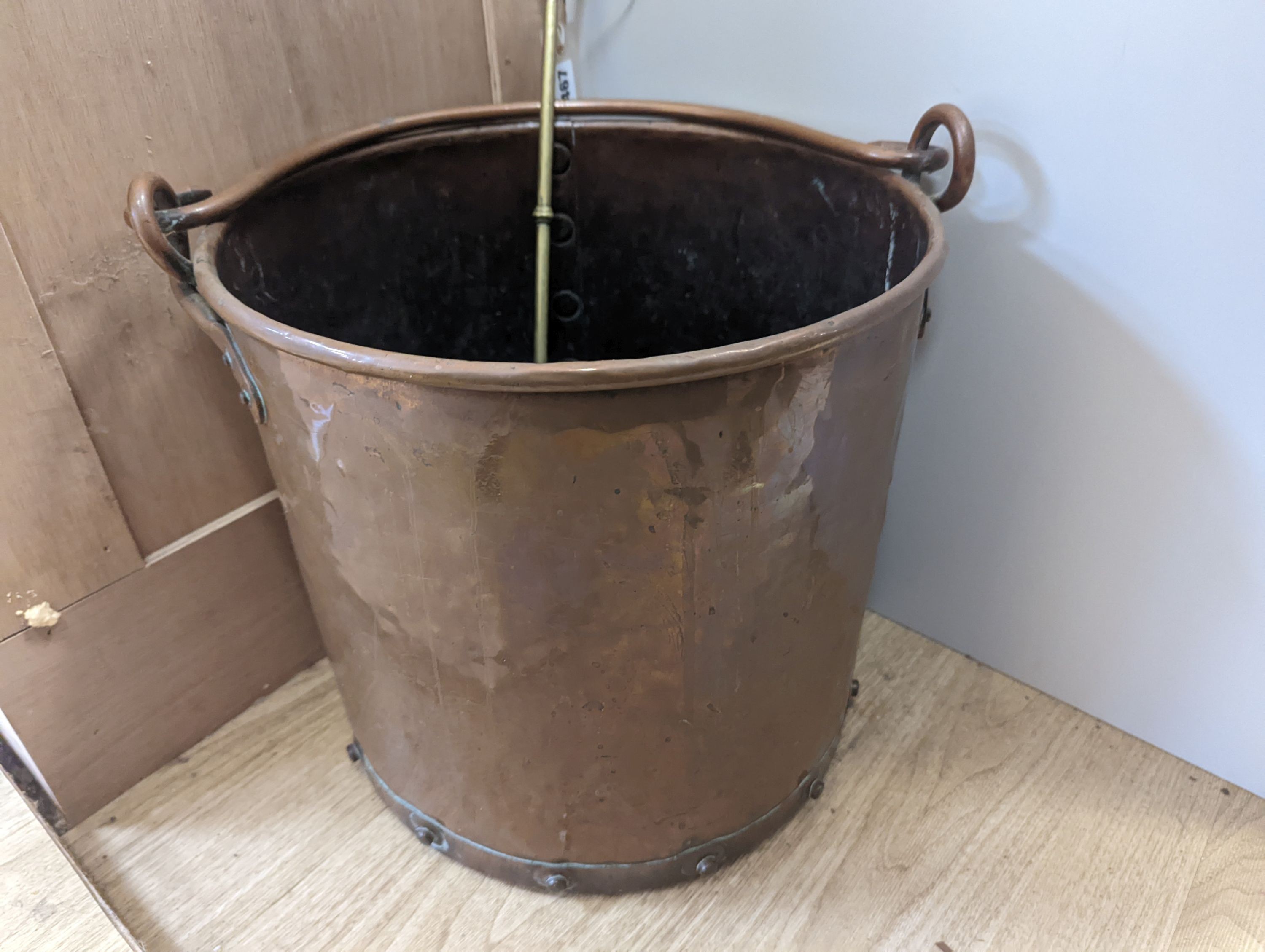 A Victorian cylindrical coal bucket, and a chestnut roaster, pail 30 cms high.